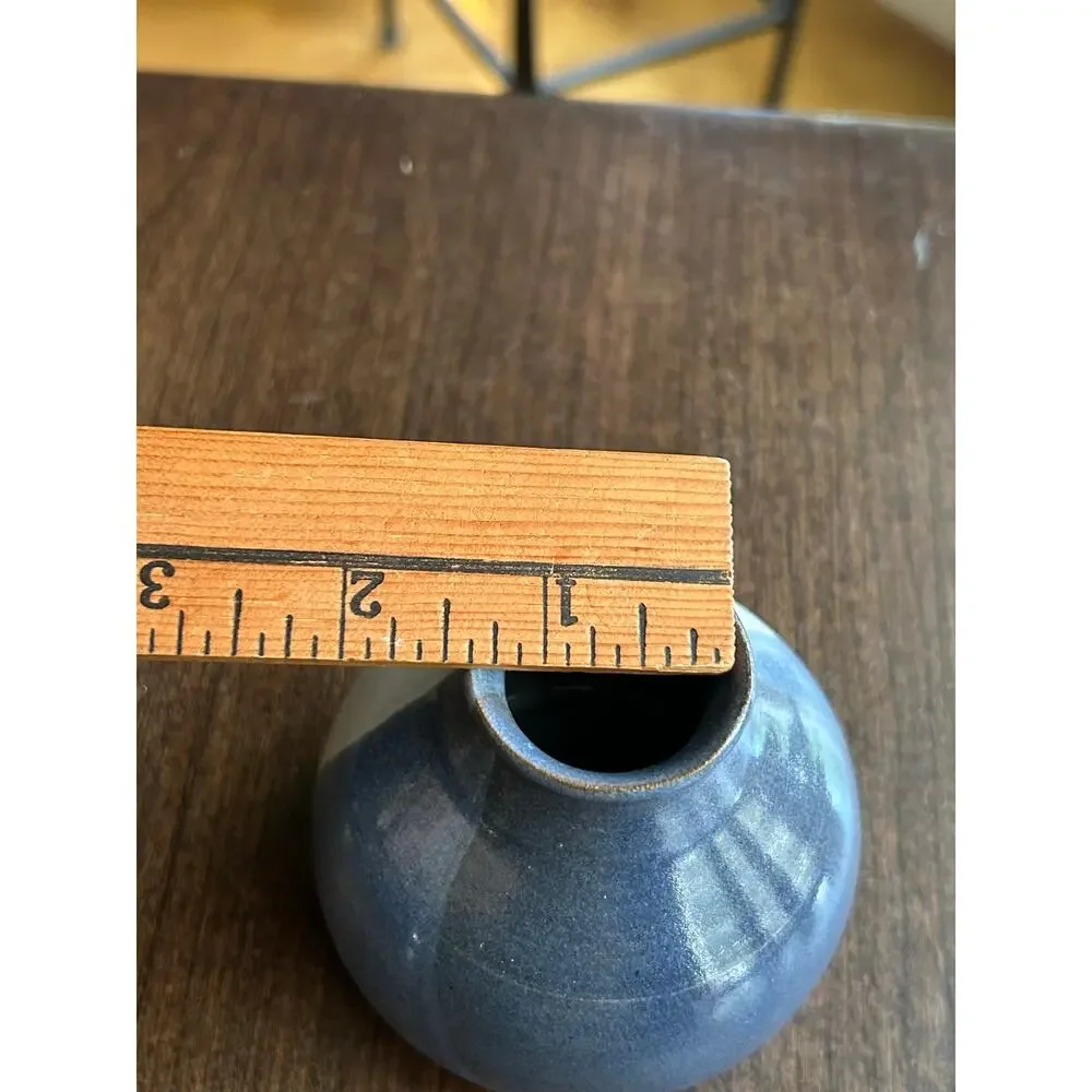 Vintage Handmade folk art studio potter vase signed blue gray swirl